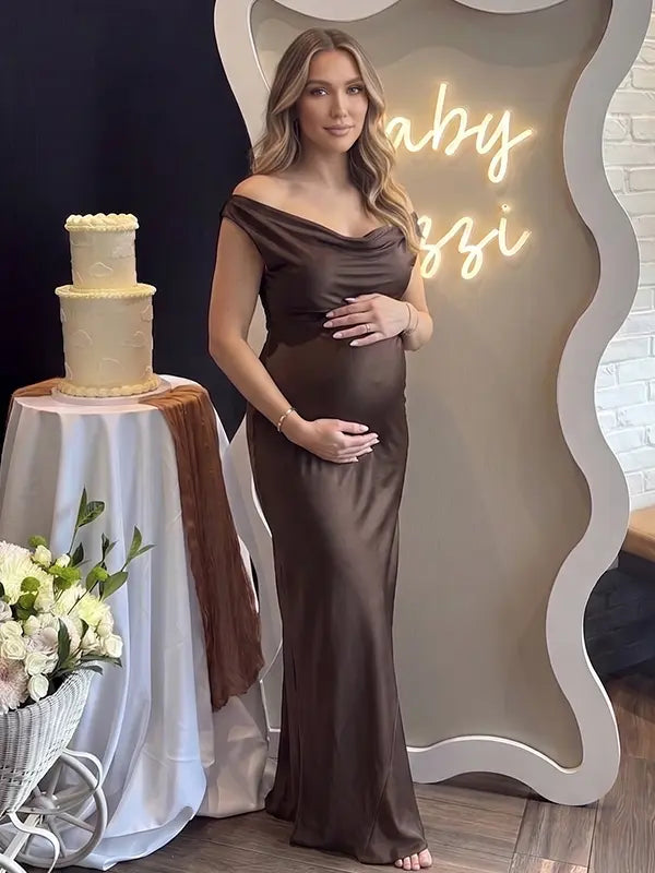 chocolate brown off shoulder cowl neck maternity gown with elegant flowing silhouette