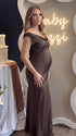 chocolate brown off shoulder cowl neck maternity gown with elegant flowing silhouette