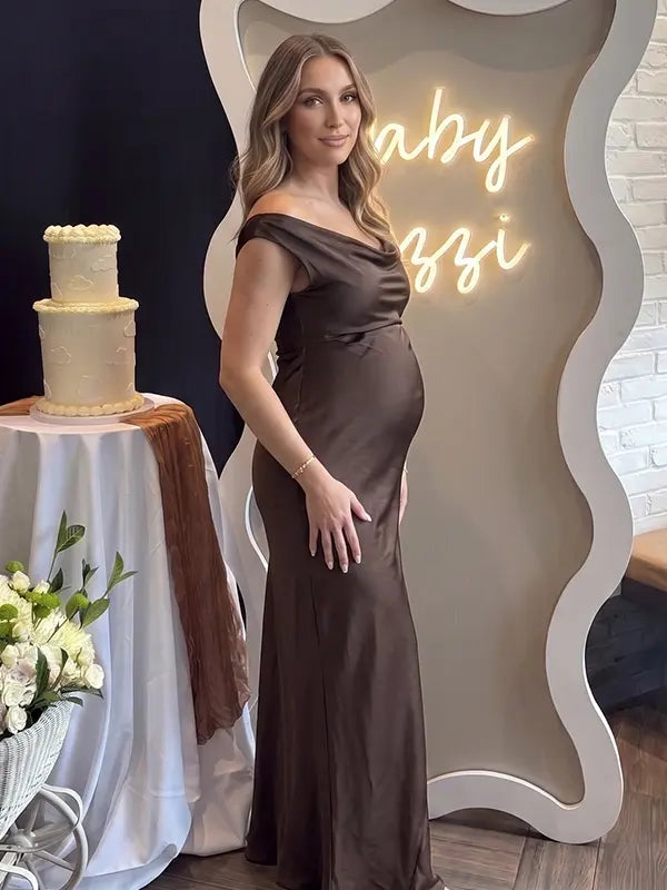 chocolate brown off shoulder cowl neck maternity gown with elegant flowing silhouette