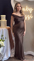 chocolate brown off shoulder cowl neck maternity gown with elegant flowing silhouette