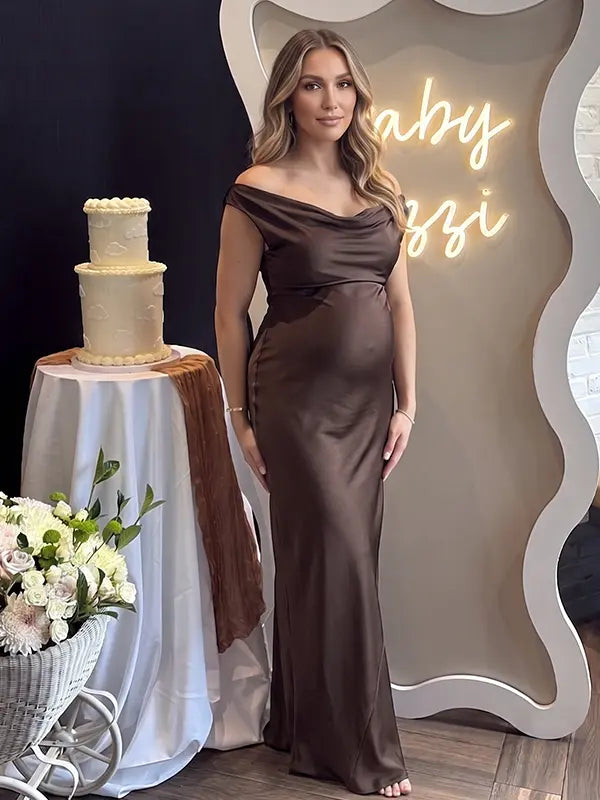 chocolate brown off shoulder cowl neck maternity gown with elegant flowing silhouette