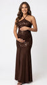 Chocolate Brown Sequin Halter Mermaid Maternity Maxi Dress with Floral Embroidery and Open Back for Baby Shower, Maternity Photoshoot, Pregnancy Announcement, Gender Reveal, Wedding Guest and Formal Events | Bumplook