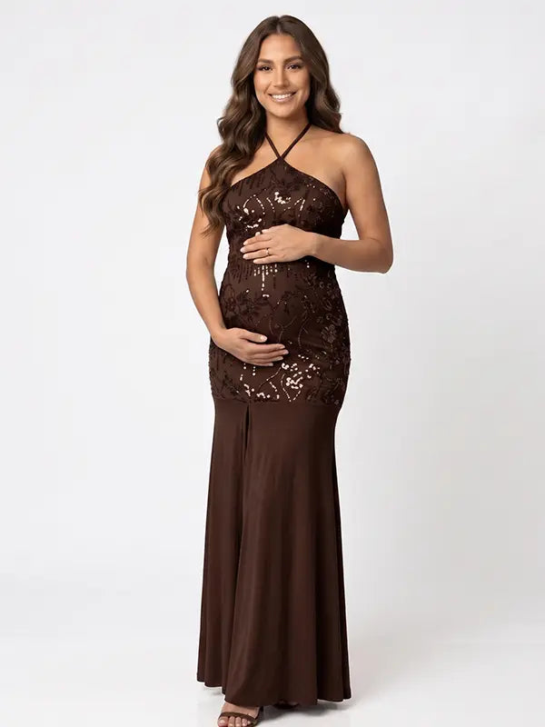 Chocolate Brown Sequin Halter Mermaid Maternity Maxi Dress with Floral Embroidery and Open Back for Baby Shower, Maternity Photoshoot, Pregnancy Announcement, Gender Reveal, Wedding Guest and Formal Events | Bumplook