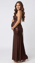 Chocolate Brown Sequin Halter Mermaid Maternity Maxi Dress with Floral Embroidery and Open Back for Baby Shower, Maternity Photoshoot, Pregnancy Announcement, Gender Reveal, Wedding Guest and Formal Events | Bumplook