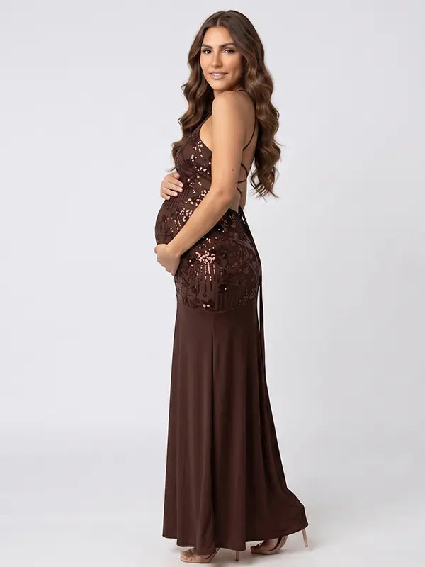 Chocolate Brown Sequin Halter Mermaid Maternity Maxi Dress with Floral Embroidery and Open Back for Baby Shower, Maternity Photoshoot, Pregnancy Announcement, Gender Reveal, Wedding Guest and Formal Events | Bumplook