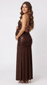 Chocolate Brown Sequin Halter Mermaid Maternity Maxi Dress with Floral Embroidery and Open Back for Baby Shower, Maternity Photoshoot, Pregnancy Announcement, Gender Reveal, Wedding Guest and Formal Events | Bumplook