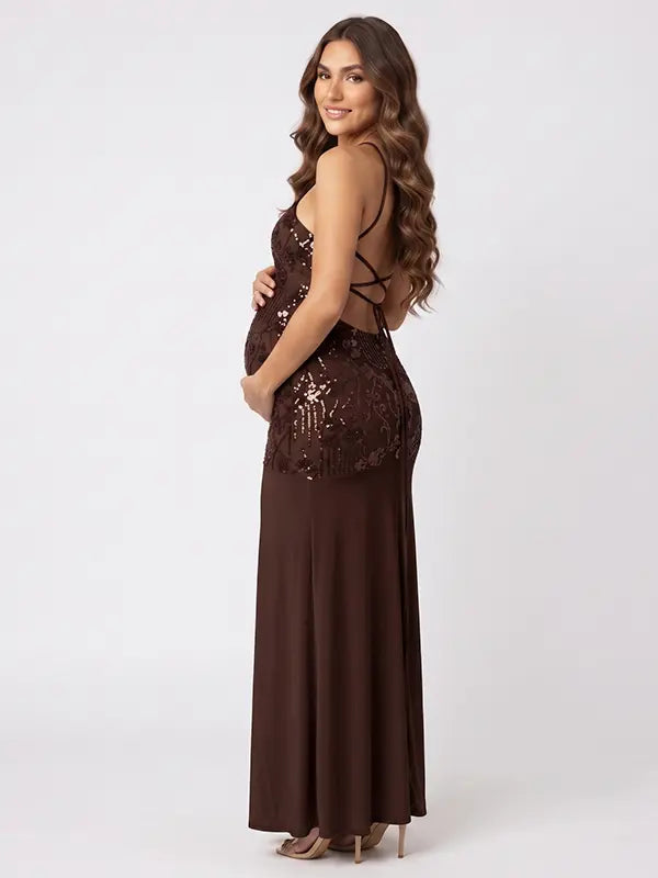 Chocolate Brown Sequin Halter Mermaid Maternity Maxi Dress with Floral Embroidery and Open Back for Baby Shower, Maternity Photoshoot, Pregnancy Announcement, Gender Reveal, Wedding Guest and Formal Events | Bumplook