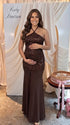 Chocolate Brown Sequin Halter Mermaid Maternity Maxi Dress with Floral Embroidery and Open Back for Baby Shower, Maternity Photoshoot, Pregnancy Announcement, Gender Reveal, Wedding Guest and Formal Events | Bumplook