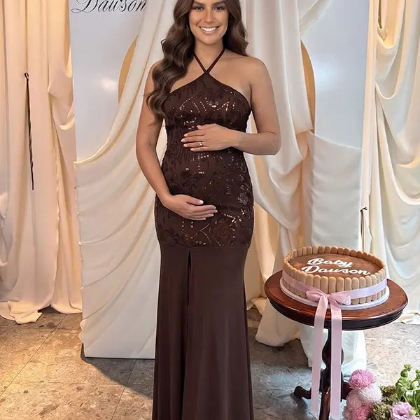 Chocolate Brown Sequin Halter Mermaid Maternity Maxi Dress with Floral Embroidery and Open Back for Baby Shower, Maternity Photoshoot, Pregnancy Announcement, Gender Reveal, Wedding Guest and Formal Events | Bumplook