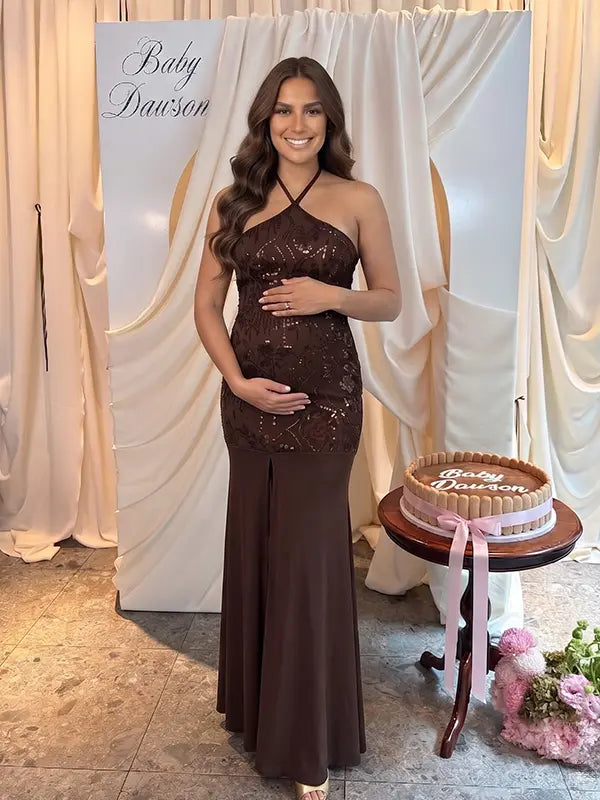 Chocolate Brown Sequin Halter Mermaid Maternity Maxi Dress with Floral Embroidery and Open Back for Baby Shower, Maternity Photoshoot, Pregnancy Announcement, Gender Reveal, Wedding Guest and Formal Events | Bumplook