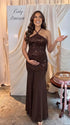 Chocolate Brown Sequin Halter Mermaid Maternity Maxi Dress with Floral Embroidery and Open Back for Baby Shower, Maternity Photoshoot, Pregnancy Announcement, Gender Reveal, Wedding Guest and Formal Events | Bumplook