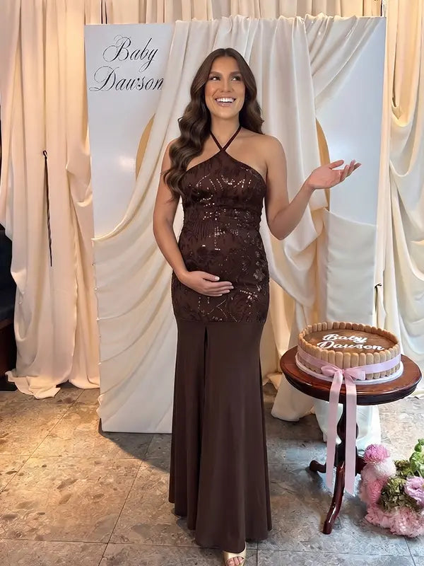Chocolate Brown Sequin Halter Mermaid Maternity Maxi Dress with Floral Embroidery and Open Back for Baby Shower, Maternity Photoshoot, Pregnancy Announcement, Gender Reveal, Wedding Guest and Formal Events | Bumplook