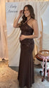 Chocolate Brown Sequin Halter Mermaid Maternity Maxi Dress with Floral Embroidery and Open Back for Baby Shower, Maternity Photoshoot, Pregnancy Announcement, Gender Reveal, Wedding Guest and Formal Events | Bumplook