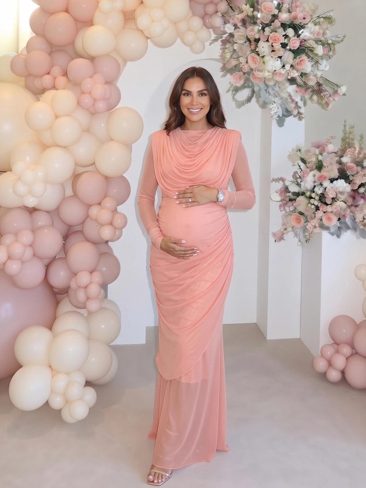 Coral Pink Maternity Dress, Ruched Maternity Dress for Baby Shower, Maternity Photoshoot, Gender Reveal, Pregnancy Announcement, Wedding Guest, Bridal Shower, Formal Events | Bumplook