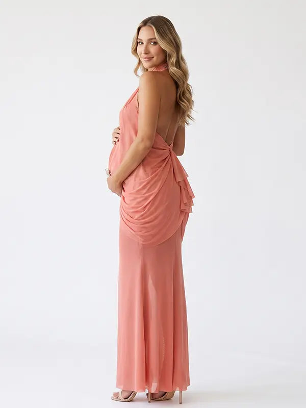 Coral Pink Ruched Halter Maternity Dress for Baby Shower | Bumplook