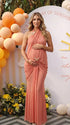 Coral Pink Butterfly Halter Maternity Maxi Dress with Ruched Draping | Bumplook