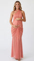 Coral Pink Open Back Maternity Maxi Dress with Draped Detail | Bumplook