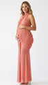 Coral Pink Ruched Halter Maternity Dress for Baby Shower | Bumplook