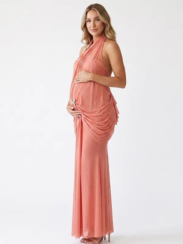Coral Pink Ruched Halter Maternity Dress for Baby Shower | Bumplook