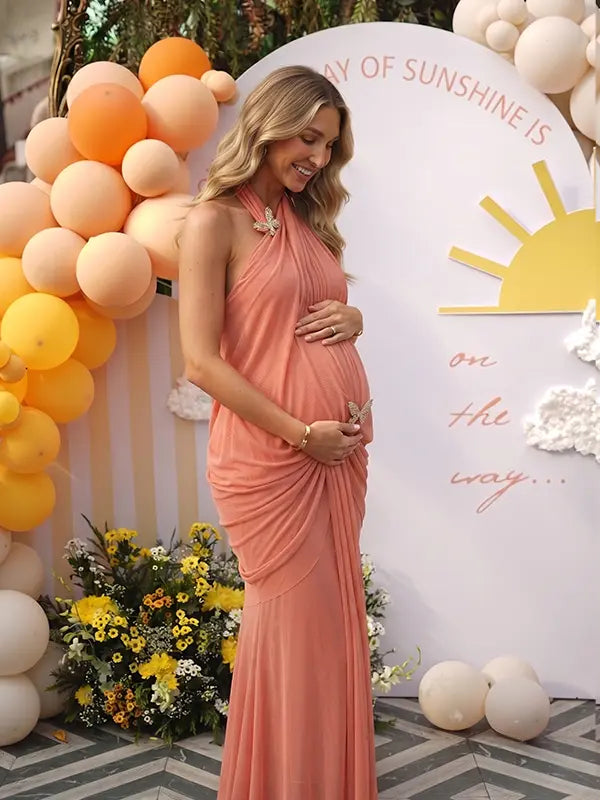 Coral Pink Maternity Dress with Butterfly Detail for Baby Shower | Bumplook