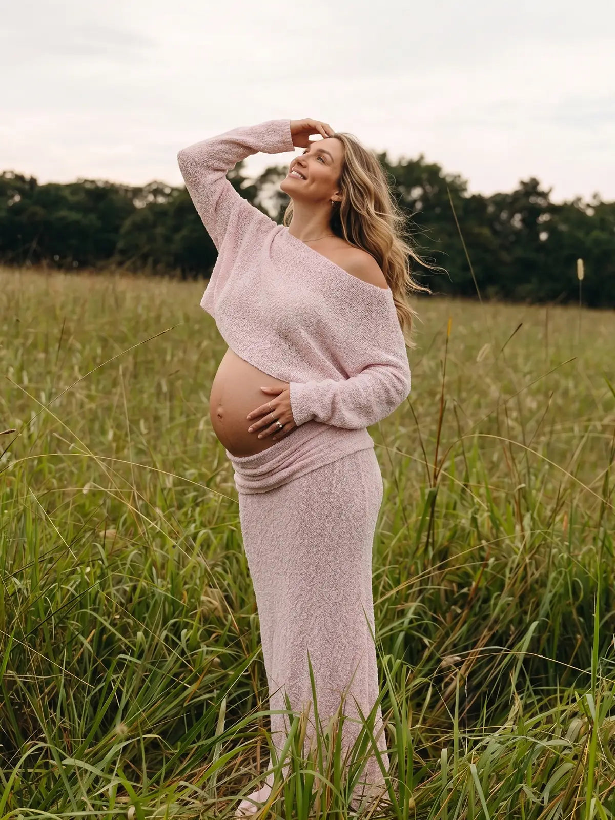 Blush Pink Bump-Baring Maternity Outfit, Cozy Two-Piece Pregnancy Photoshoot Set for Baby Shower, Maternity Photoshoot, Gender Reveal, Pregnancy Announcement, Wedding Guest, Bridal Shower, Formal Events | Bumplook