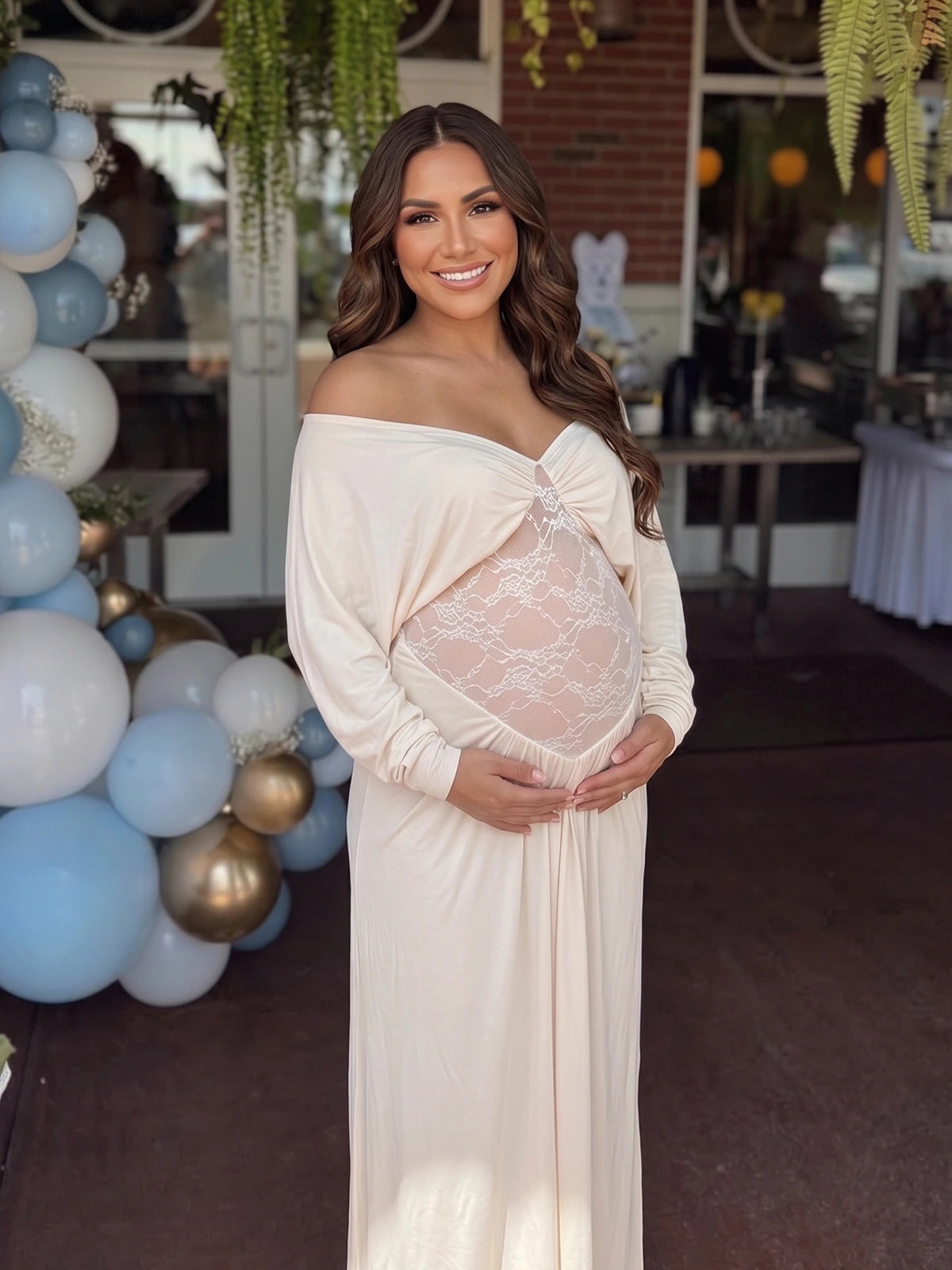 Cream Off Shoulder Maternity Dress, Lace Belly Dress for Baby Shower, Maternity Photoshoot, Gender Reveal, Pregnancy Announcement | Bumplook