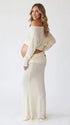 Cream Beige Textured Knit Maternity Two-Piece Set with Off-Shoulder Crop Top and Maxi Skirt for Boho Maternity Photoshoot | Bumplook