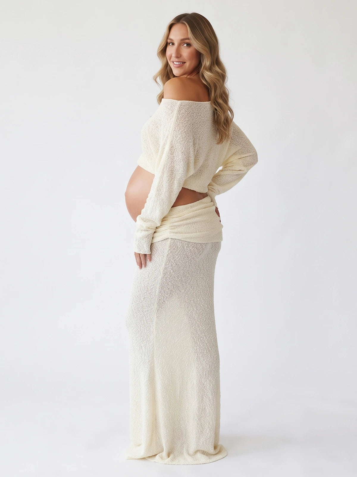 Cream Beige Textured Knit Maternity Two-Piece Set with Off-Shoulder Crop Top and Maxi Skirt for Boho Maternity Photoshoot | Bumplook