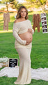 Cream Beige Textured Knit Maternity Two-Piece Set with Off-Shoulder Crop Top and Maxi Skirt for Boho Maternity Photoshoot | Bumplook
