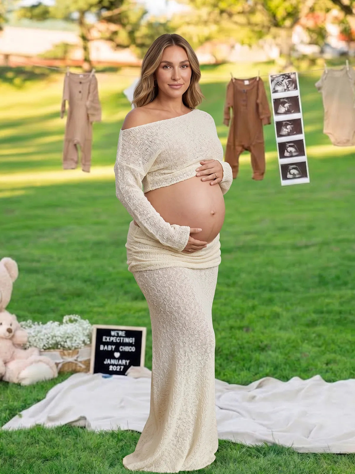 Cream Beige Textured Knit Maternity Two-Piece Set with Off-Shoulder Crop Top and Maxi Skirt for Boho Maternity Photoshoot | Bumplook