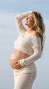 Cream Beige Textured Knit Maternity Two-Piece Set with Off-Shoulder Crop Top and Maxi Skirt for Boho Maternity Photoshoot | Bumplook