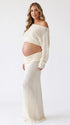 Cream Beige Textured Knit Maternity Two-Piece Set with Off-Shoulder Crop Top and Maxi Skirt for Boho Maternity Photoshoot | Bumplook
