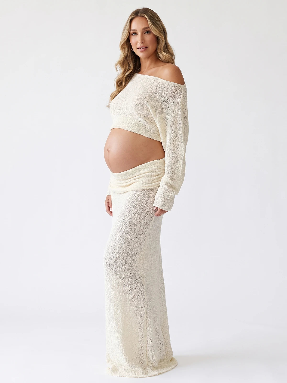 Cream Beige Textured Knit Maternity Two-Piece Set with Off-Shoulder Crop Top and Maxi Skirt for Boho Maternity Photoshoot | Bumplook