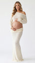 Cream Beige Textured Knit Maternity Two-Piece Set with Off-Shoulder Crop Top and Maxi Skirt for Boho Maternity Photoshoot | Bumplook