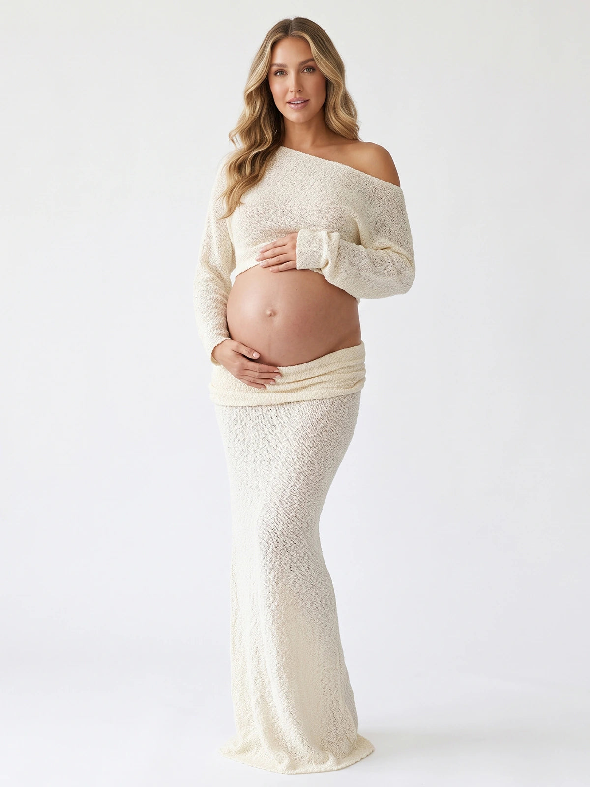 Cream Beige Textured Knit Maternity Two-Piece Set with Off-Shoulder Crop Top and Maxi Skirt for Boho Maternity Photoshoot | Bumplook