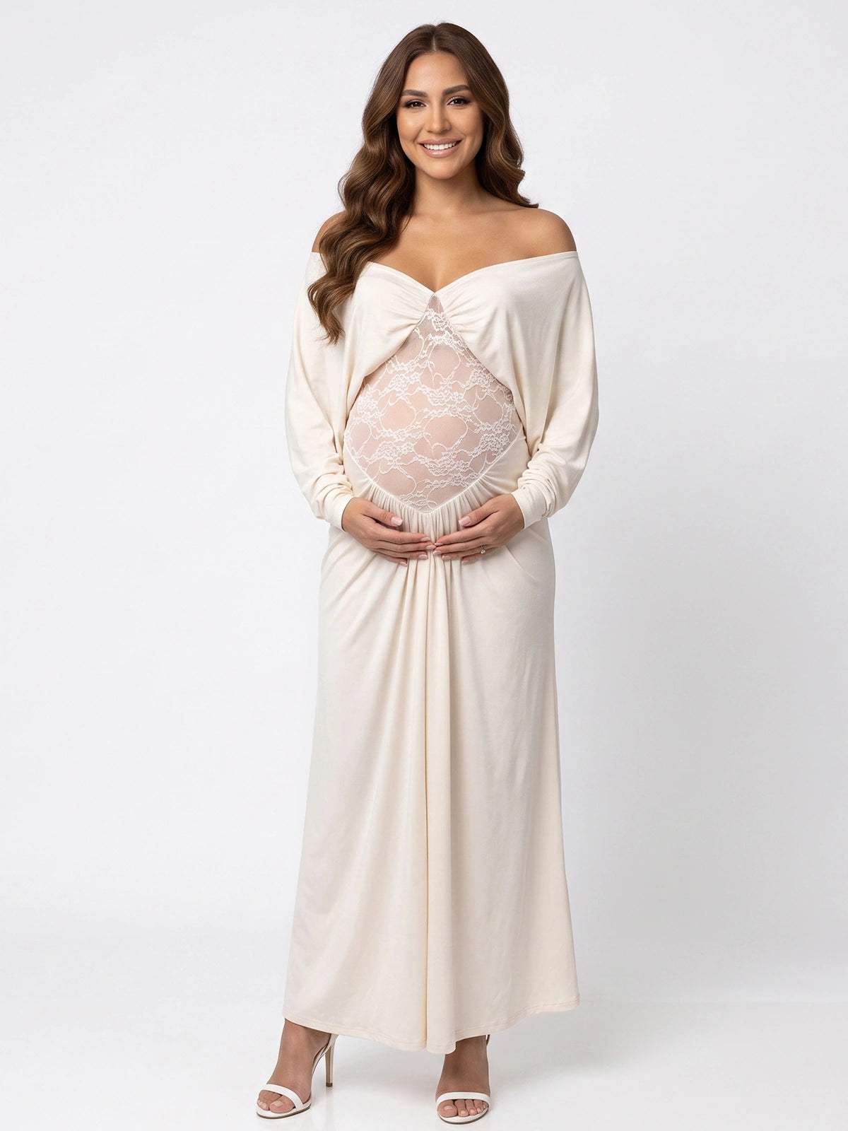 Cream Lace Belly Maternity Dress, Floral Lace Detail for Baby Shower, Maternity Photoshoot, Gender Reveal, Pregnancy Announcement | Bumplook