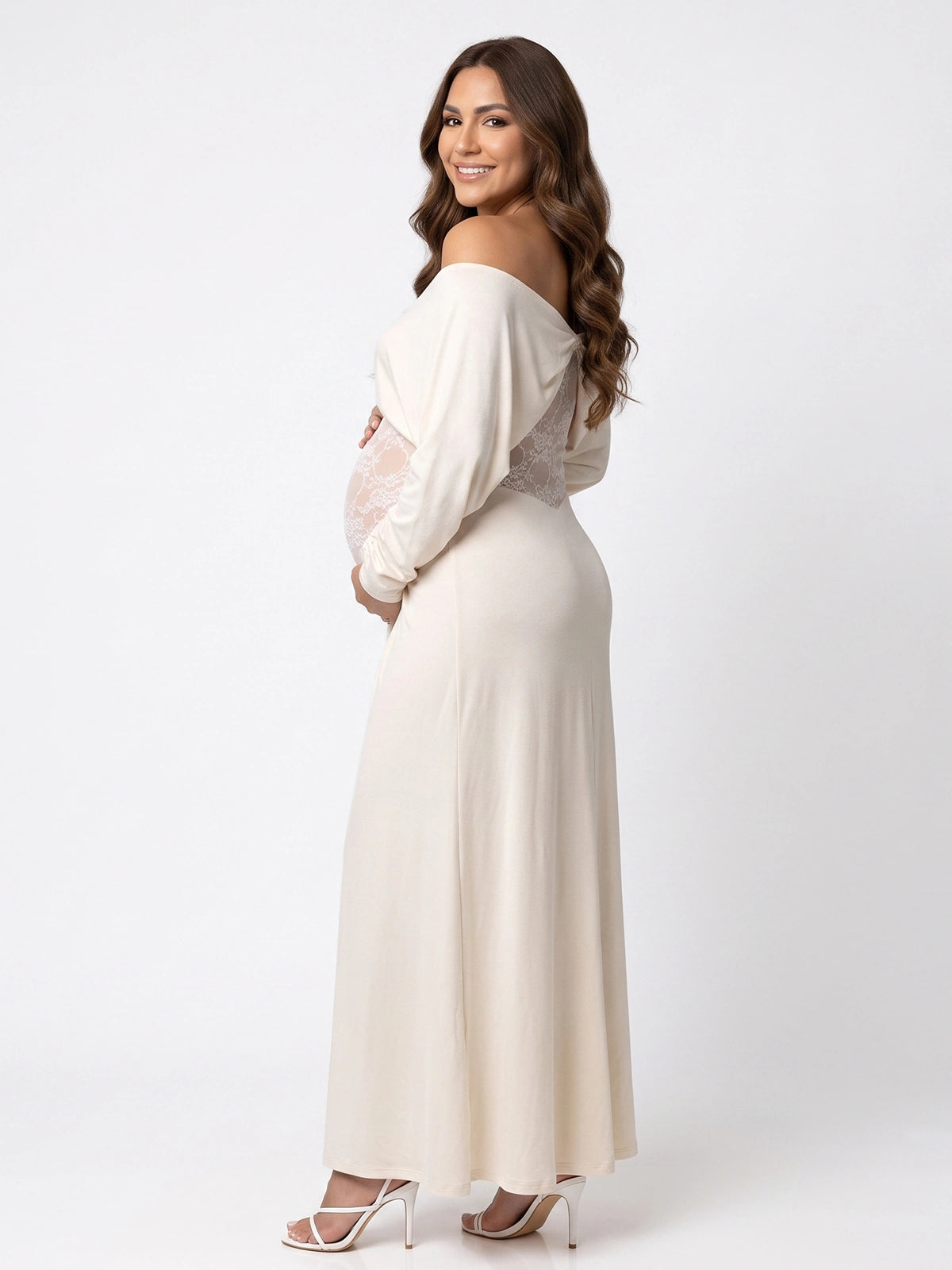 Cream Maternity Photoshoot Dress, Off Shoulder Lace Dress for Baby Shower, Gender Reveal, Pregnancy Announcement, Special Events | Bumplook