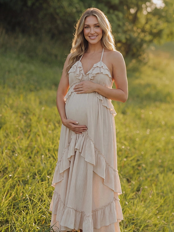 Beige Maternity Dress for Boho Maternity Photoshoot | Bumplook