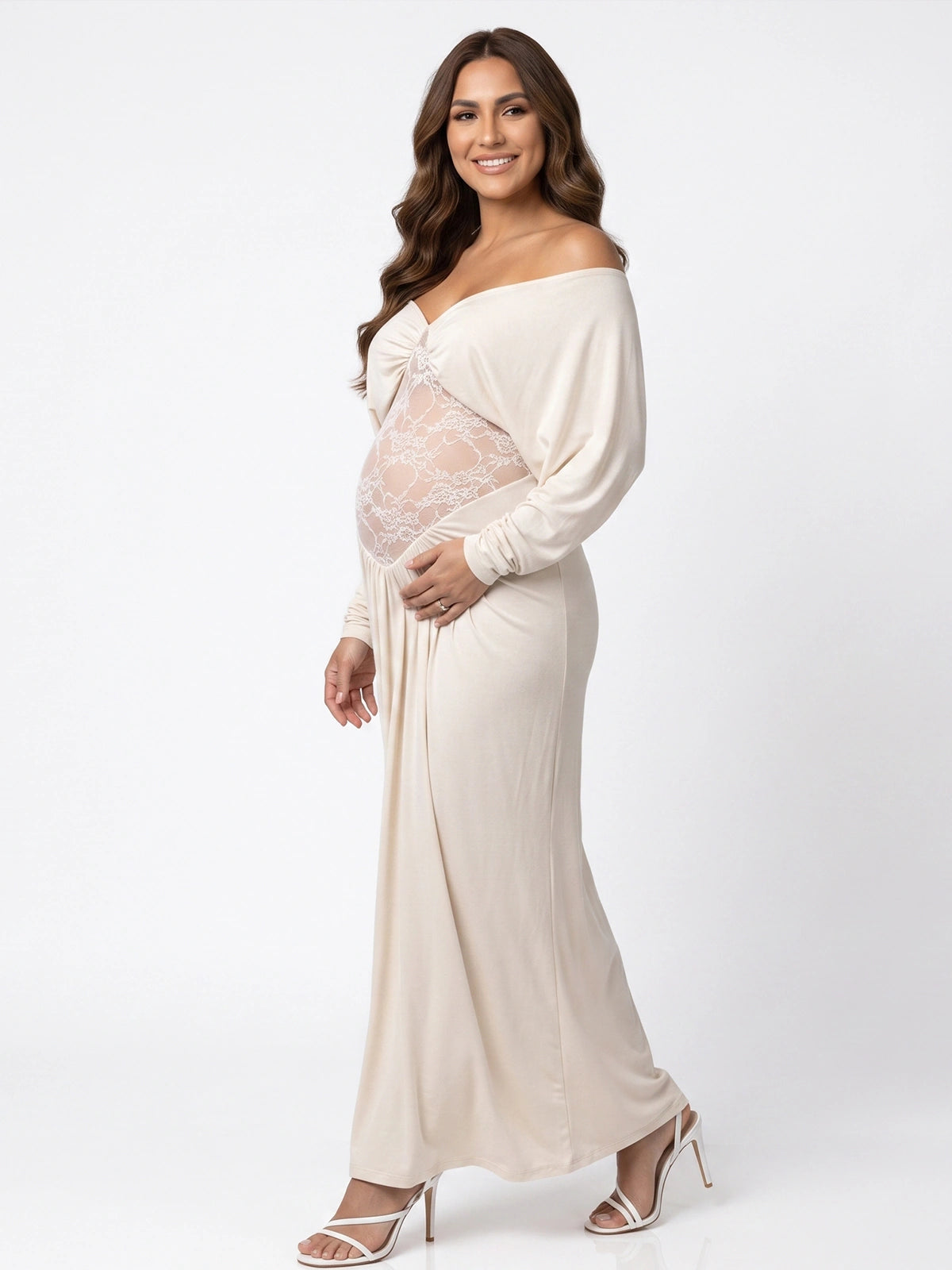 Cream Baby Shower Maternity Dress, Lace Belly Pregnancy Dress for Maternity Photoshoot, Gender Reveal, Pregnancy Announcement | Bumplook