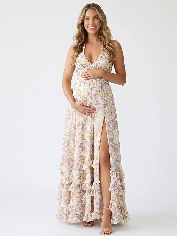 Cream Wildflower Pearl Halter Maternity Dress, Cottage Garden Maternity Maxi Dress for Baby Shower, Maternity Photoshoot, Gender Reveal, Pregnancy Announcement, Wedding Guest, Bridal Shower, Formal Events | Bumplook
