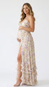 Cream Wildflower Pearl Halter Maternity Dress, Cottage Garden Maternity Maxi Dress for Baby Shower, Maternity Photoshoot, Gender Reveal, Pregnancy Announcement, Wedding Guest, Bridal Shower, Formal Events | Bumplook