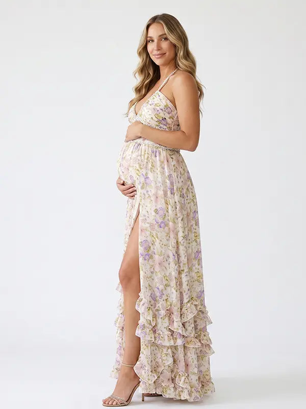 Cream Wildflower Pearl Halter Maternity Dress, Cottage Garden Maternity Maxi Dress for Baby Shower, Maternity Photoshoot, Gender Reveal, Pregnancy Announcement, Wedding Guest, Bridal Shower, Formal Events | Bumplook