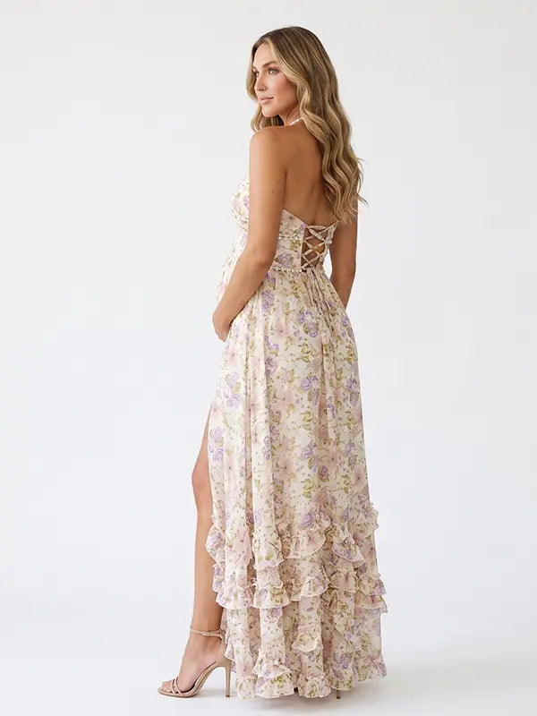 Cream Wildflower Pearl Halter Maternity Dress, Cottage Garden Maternity Maxi Dress for Baby Shower, Maternity Photoshoot, Gender Reveal, Pregnancy Announcement, Wedding Guest, Bridal Shower, Formal Events | Bumplook