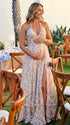 Cream Wildflower Pearl Halter Maternity Dress, Cottage Garden Maternity Maxi Dress for Baby Shower, Maternity Photoshoot, Gender Reveal, Pregnancy Announcement, Wedding Guest, Bridal Shower, Formal Events | Bumplook