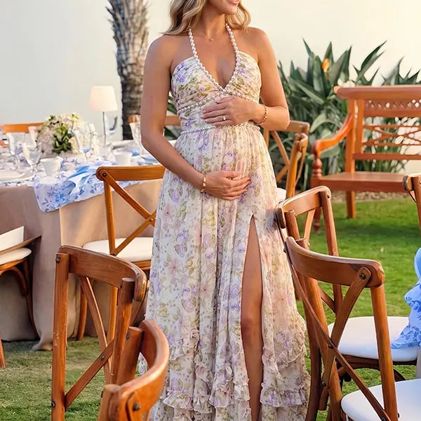 Cream Wildflower Pearl Halter Maternity Dress, Cottage Garden Maternity Maxi Dress for Baby Shower, Maternity Photoshoot, Gender Reveal, Pregnancy Announcement, Wedding Guest, Bridal Shower, Formal Events | Bumplook