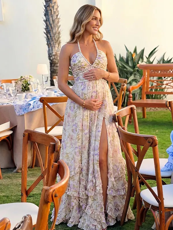 Cream Wildflower Pearl Halter Maternity Dress, Cottage Garden Maternity Maxi Dress for Baby Shower, Maternity Photoshoot, Gender Reveal, Pregnancy Announcement, Wedding Guest, Bridal Shower, Formal Events | Bumplook
