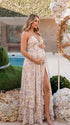 Cream Wildflower Pearl Halter Maternity Dress, Cottage Garden Maternity Maxi Dress for Baby Shower, Maternity Photoshoot, Gender Reveal, Pregnancy Announcement, Wedding Guest, Bridal Shower, Formal Events | Bumplook