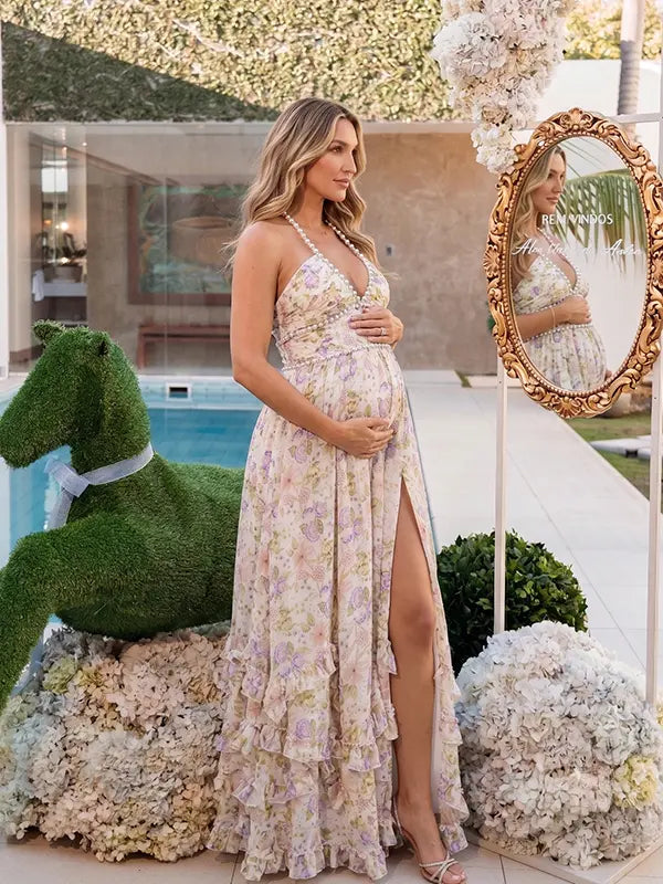 Cream Wildflower Pearl Halter Maternity Dress, Cottage Garden Maternity Maxi Dress for Baby Shower, Maternity Photoshoot, Gender Reveal, Pregnancy Announcement, Wedding Guest, Bridal Shower, Formal Events | Bumplook