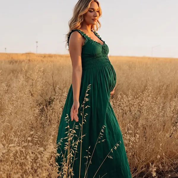 Dark Green Maternity Dress, Cotton Blend Maxi Pregnancy Dress for Outdoor Maternity Photoshoot, Fall Baby Shower | Bumplook