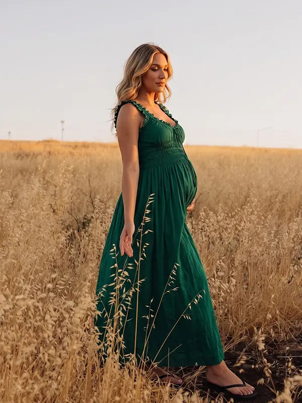 Dark Green Maternity Dress, Cotton Blend Maxi Pregnancy Dress for Outdoor Maternity Photoshoot, Fall Baby Shower | Bumplook